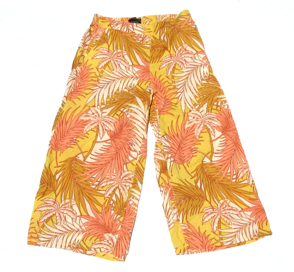 Tahari Womens Large 100% Linen Wide Leg Tropical Leaf Pink-Yellow Crop Pants